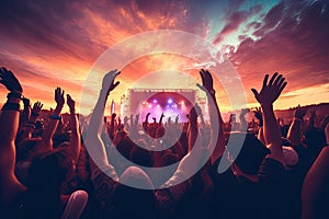 Silhouette of concert crowd with raised hands at a music festival, Crowd raising hand in the air and enjoying concert on a