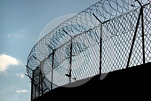 Silhouette of concertina barbed wire on a prison fence