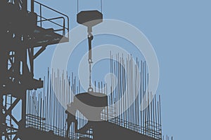 Silhouette of Concrete Pourer Suspended from Construction Crane with Worker Handling the Operation