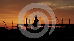 silhouette of construction worker at golden hour