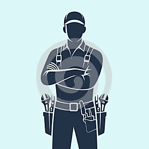 Silhouette of a construction worker with tools. Vector illustration
