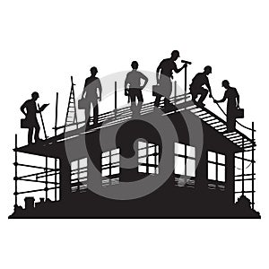 Silhouette Construction Workers Building House Illustration Stock Vector