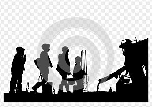 Silhouette of construction workers and concrete mixer on construction site