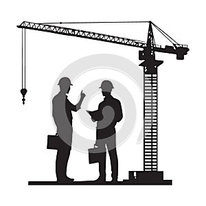 Silhouette of Construction Workers and Crane Illustration Vector