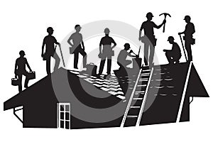 Silhouette Construction Workers on House Roof Project Vector Design