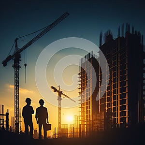 Silhouette of Construction Workers at Sunset