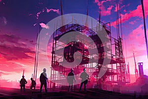 Silhouette of construction workers working on a building site with a colorful sky