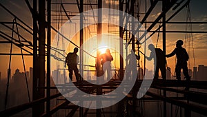 Silhouette of construction workers working on scaffolding at sunset