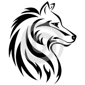 Silhouette, contour of the face of the wolf in black over a white background is drawn using various lines. Logo animal wolf head photo