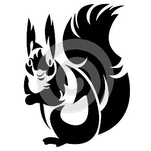 Silhouette, contour of a squirrel of black color on a white background is drawn by lines of different widths. Animal squirrel logo