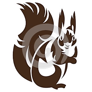 Silhouette, contour of a squirrel of brown color on a white background is drawn by lines. Animal squirrel logo