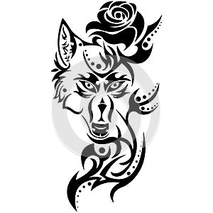 Silhouette, contour of the wolf`s muzzle in black instead of one rose ear. Linear tattoo style