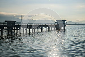 Silhouette control building of bang phra reservoir in morning, Siracha