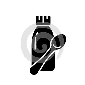 Silhouette Cough syrup with teaspoon. Bottle of mixture, linctus or liquid medicine, measuring spoon. Black outline icon of baby
