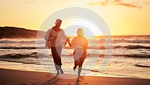 Silhouette couple, beach sunset and running outdoors on summer vacation, honeymoon travel and tropical vacation in