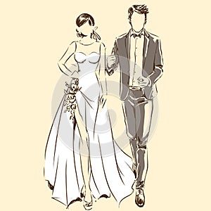 Silhouette of couple, bride and groom, wedding, fiance, tuxedo