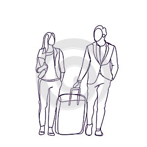 Silhouette Couple Of Business People Travel Together Businessman And Businesswoman With Suitcase