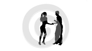 Silhouette couple dancers perform ballroom dance, white background, slow motion