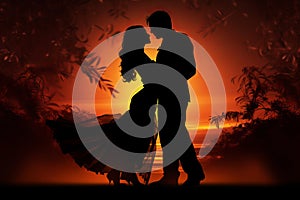 Silhouette of a couple dancing intimately on the orange sunset background. Relations or love concept