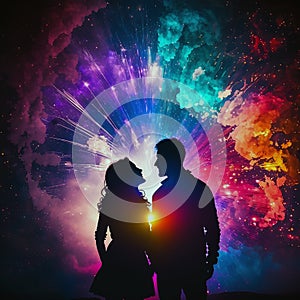 Silhouette couple in an explosion of colorful fireworks