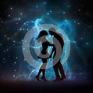 Silhouette couple in an explosion of electrified lights