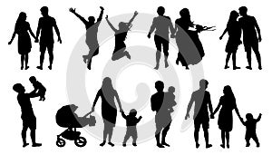 Silhouette of couple, family with children, isolated vector set on white background