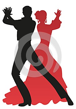 Silhouette of couple of flamenco dancers playing the palms, isolated on white background