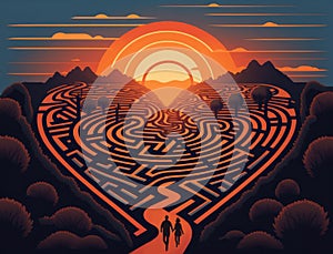 Silhouette of a couple heading into a heart-shaped labyrinth maze toward a beautiful sunset. Generative AI.