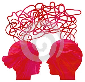 Silhouette of couple heads thinking, relationship