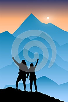 Silhouette of couple hikers with raised handsSilhouette of couple hikers with raised hands photo