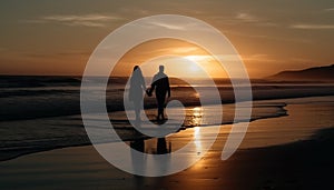 Silhouette of couple holding hands, enjoying sunset on beach vacation generated by AI