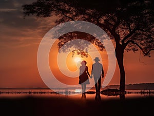 Silhouette of a couple holding hands in front of a tree at sunset