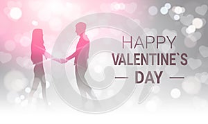 Silhouette Couple Holding Hands Over Glittering Bokeh Background Happy Valentines Day Greeting Card Design