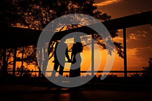 silhouette of couple holding hands at sunset