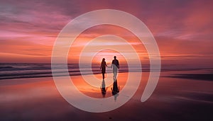 Silhouette of couple holding hands at sunset generated by AI