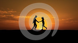 A silhouette of a couple holding hands at sunset, AI