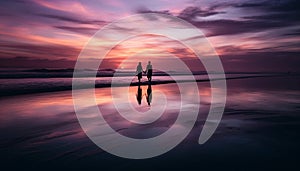 Silhouette of couple holding hands, walking on serene beach at dusk generated by AI