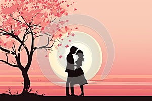 silhouette of a couple kissing under a tree at sunset