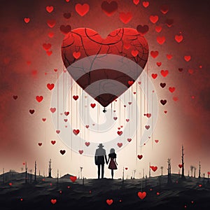 Silhouette of a couple in love above them red heart and hanging on strings tiny hearts, destroyed forest land. Heart as a s