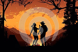 Silhouette of a couple in love dancing in front of a campfire in the middle of the night surrounded by forest and mountains