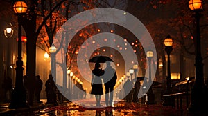 silhouette of a couple in love holding umbrella walking on wet roads generative AI