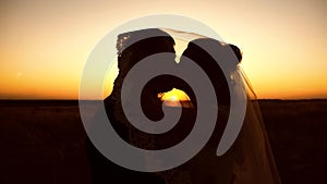 Silhouette of a couple in love kissing in the sunset light. Happy young family honeymoon trip. Married life of man and