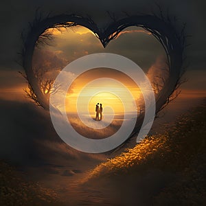 Silhouette of a couple in love in a large heart at sunset. Heart as a symbol of affection and