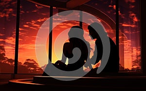 silhouette of a couple in love at sunset.