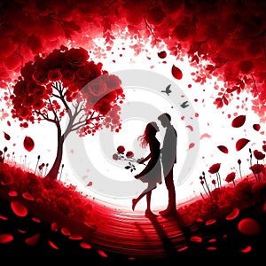 A silhouette of a couple lover, with a lovely red rose tree, surrounded by the flower petals, in a love scene, romantic, fantasy