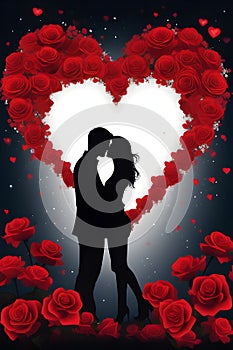 A silhouette of a couple lover, with a romantic heart made of red rose flower, in love scene, dreamy,  art, beautiful