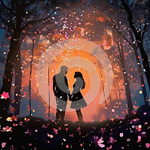 silhouette of a couple among petals,lights and hearts , true love, valentine's day, created with artificial intelligence,