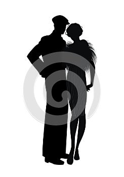 Silhouette of couple retro style 20s or 30s. Man wearing cap and flapper girl wearing fur stole, isolated on white background