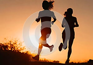 Silhouette of couple running on a street at sunset.