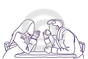 Silhouette Couple Sit At Cafe Table Drinking Coffee Or Tea, Doodle Man And Woman Dating White Background